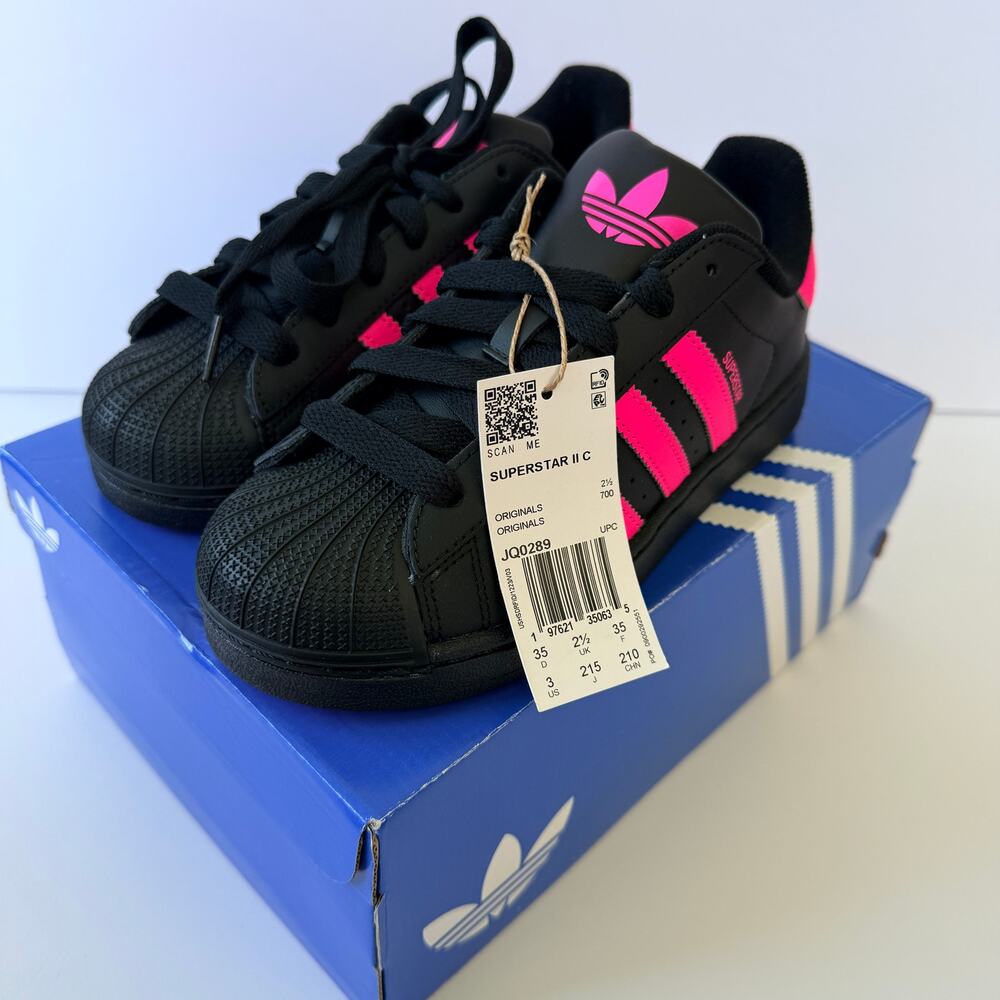 Adidas Superstar II C JQ0289 Black Lucid Pink Kids 3Y / UK 2.5 / EUR 35 NWT